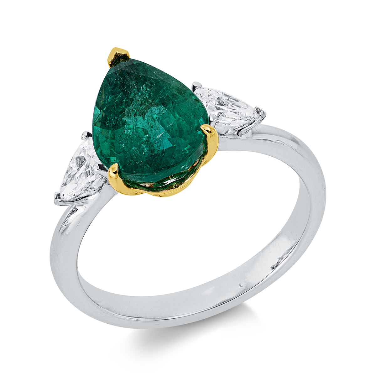 pear shape emerald colored stone classic ring in white gold / yellow gold
