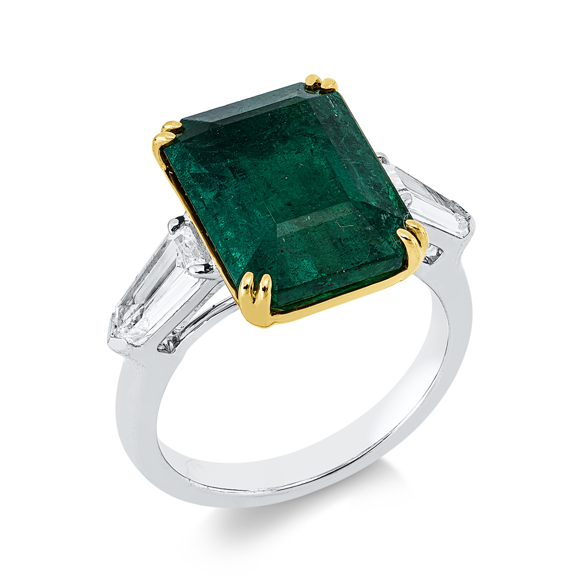 fantasy-cut emerald colored stone classic ring in white gold / yellow gold