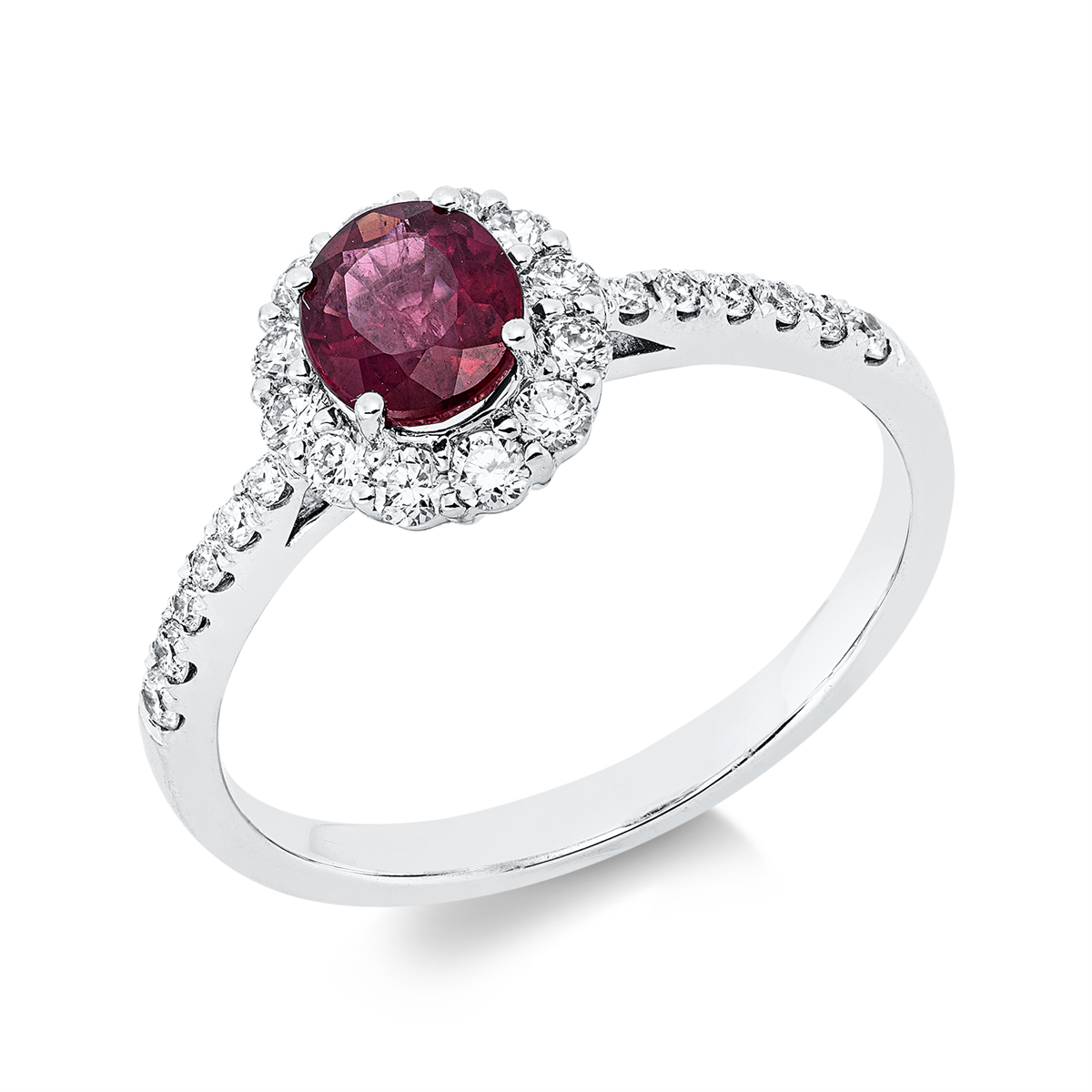 diamond full cut ruby colored stone classic ring in white gold