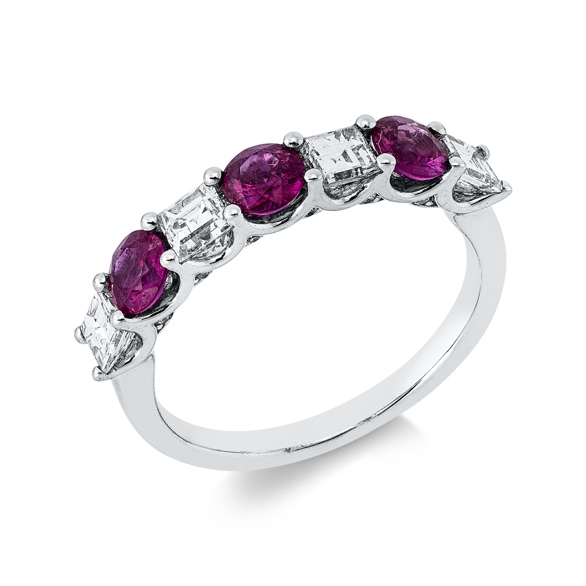 diamond full cut ruby colored stone classic ring in white gold
