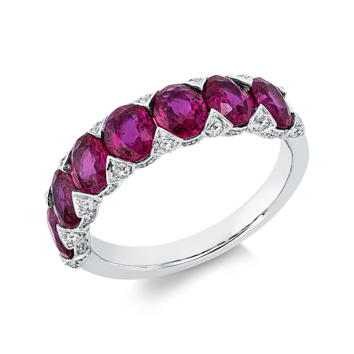 diamond full cut ruby colored stone classic ring in white gold