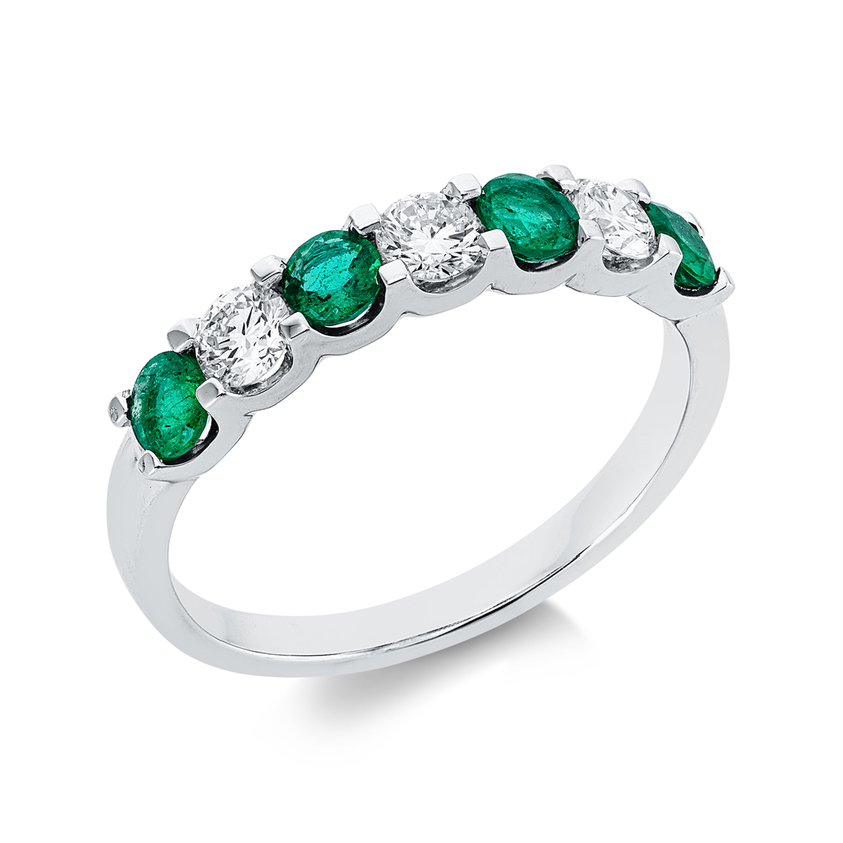 diamond full cut emerald colored stone classic ring in white gold