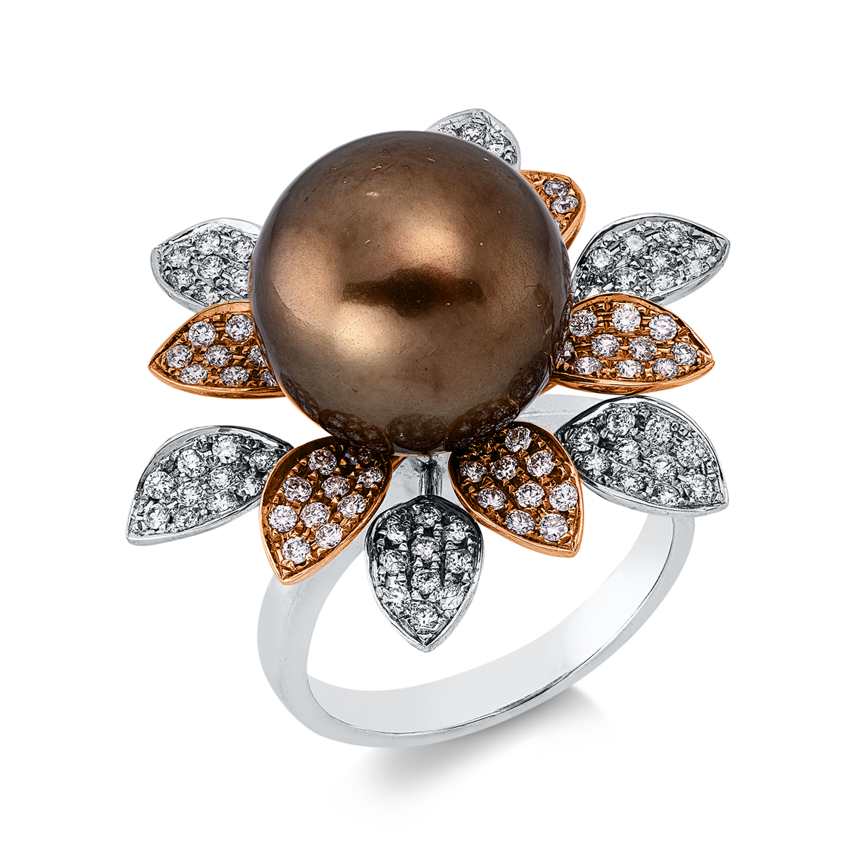 diamond full cut pearl ring in whitegold / rosegold