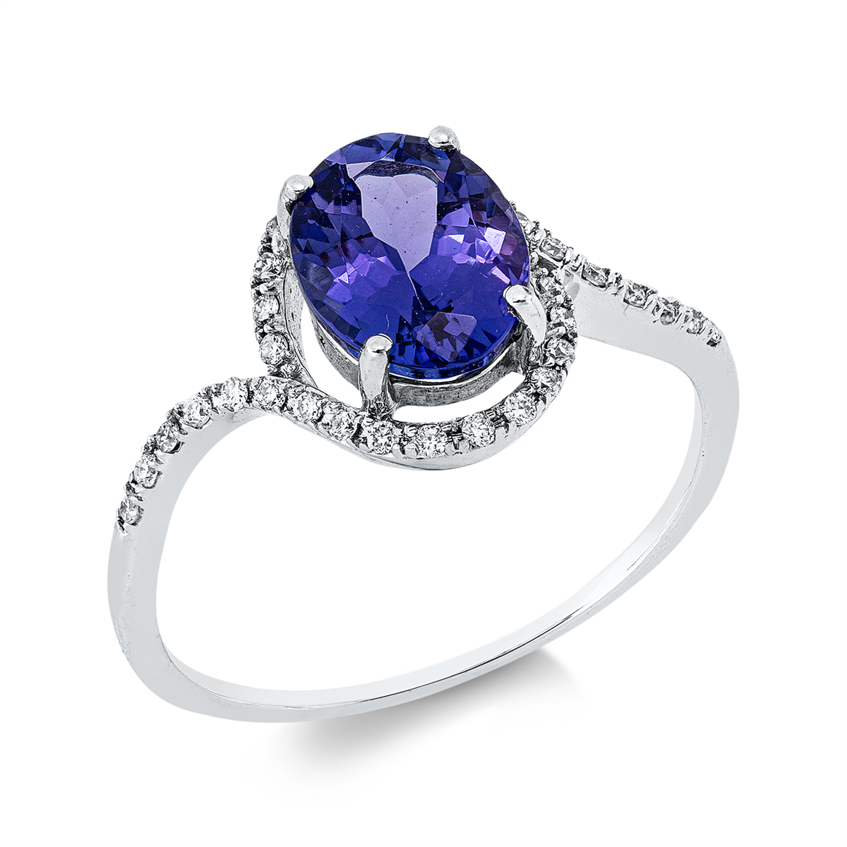 diamond full cut tanzanite colored stone classic ring in white gold