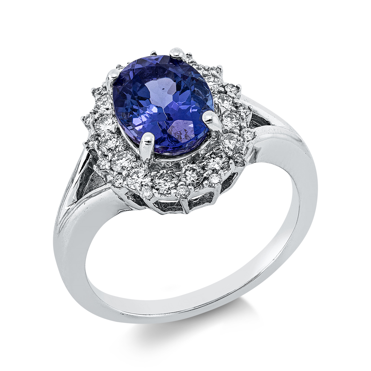 diamond full cut tanzanite colored stone classic ring in white gold