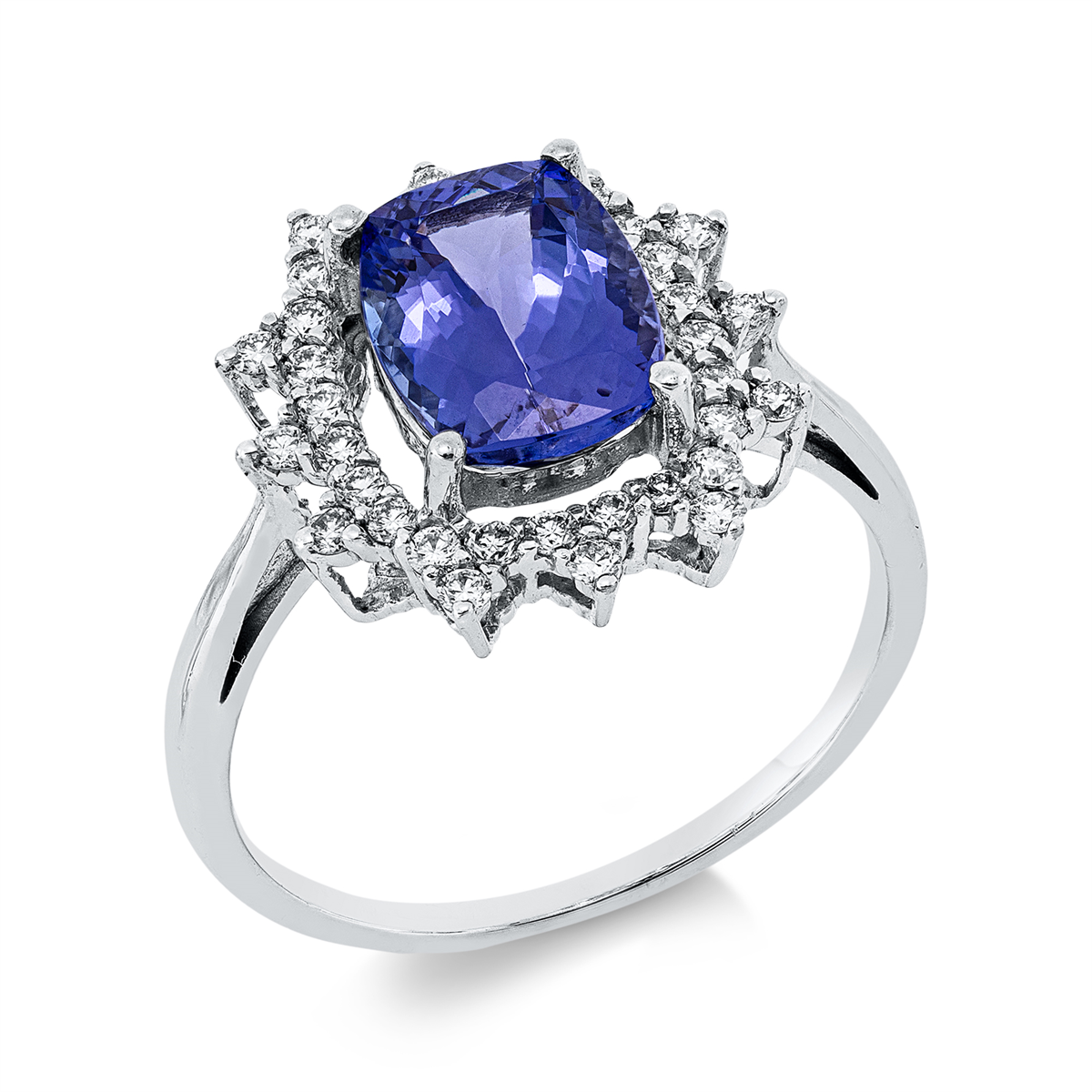 diamond full cut tanzanite colored stone classic ring in white gold