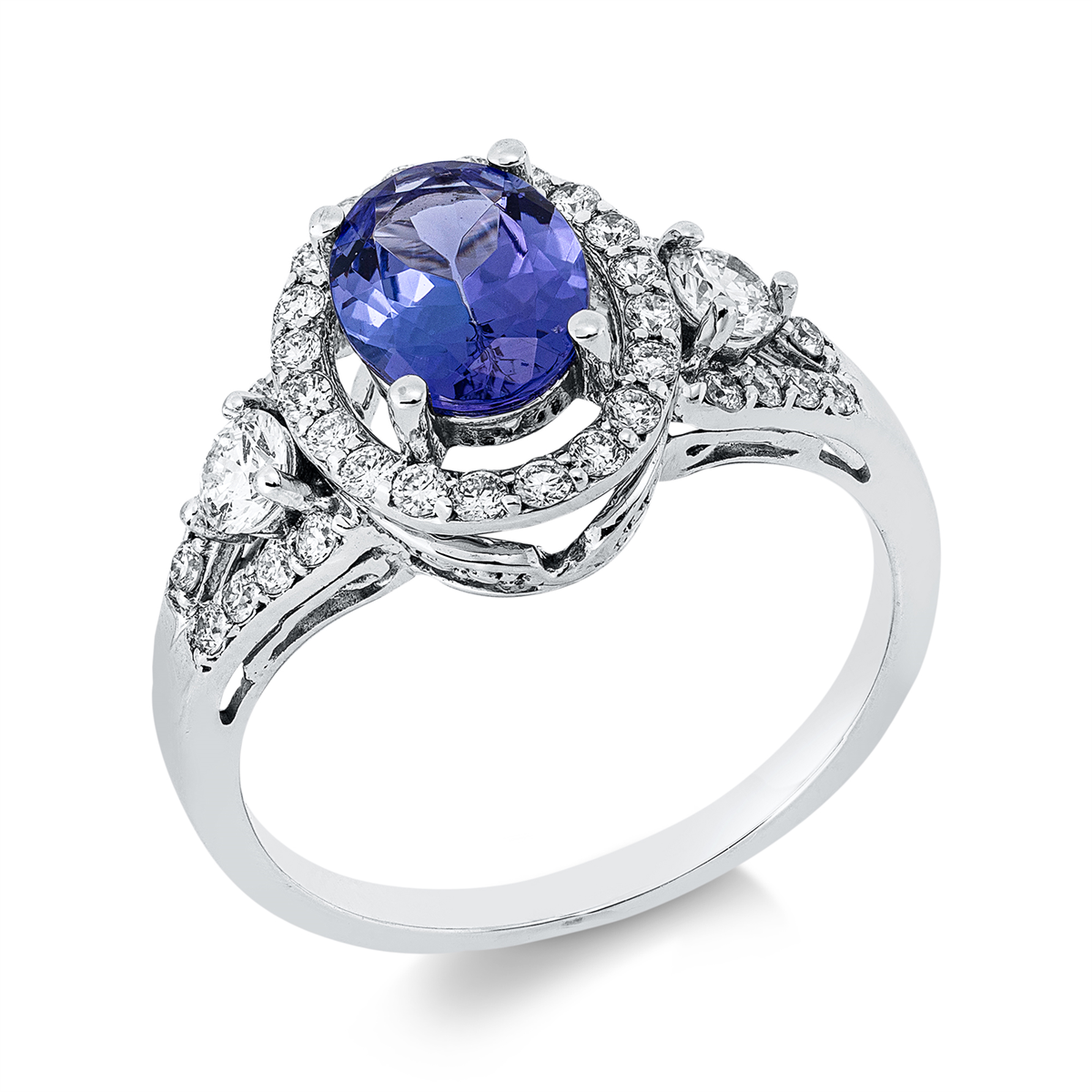 diamond full cut tanzanite colored stone classic ring in white gold