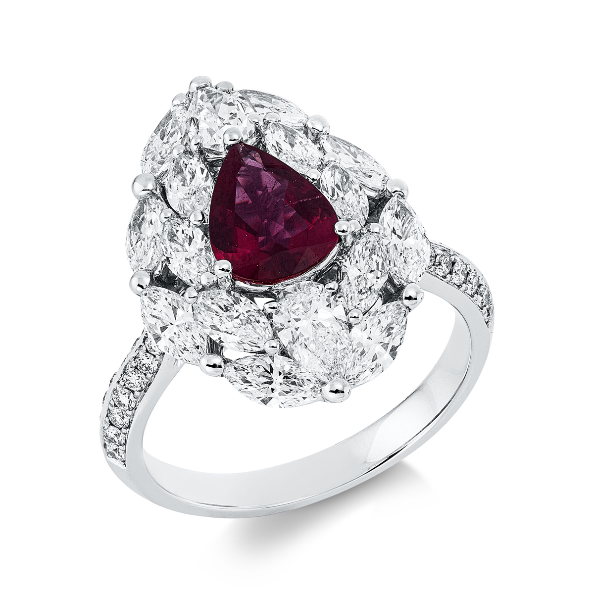 pear shape ruby colored stone classic ring in white gold