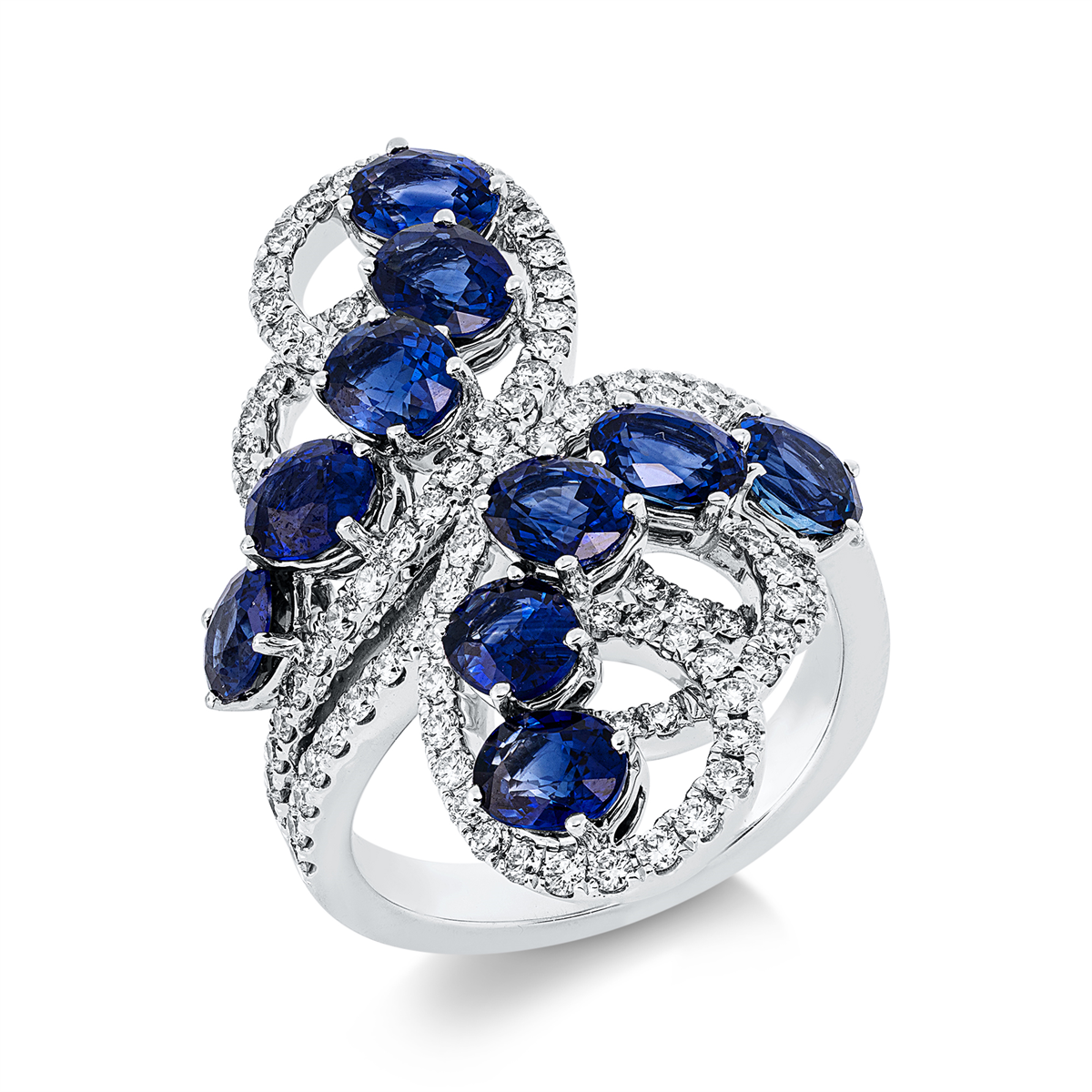 diamond full cut sapphire colored stone classic ring in white gold