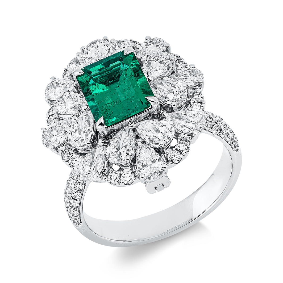 pear shape emerald colored stone classic ring in white gold