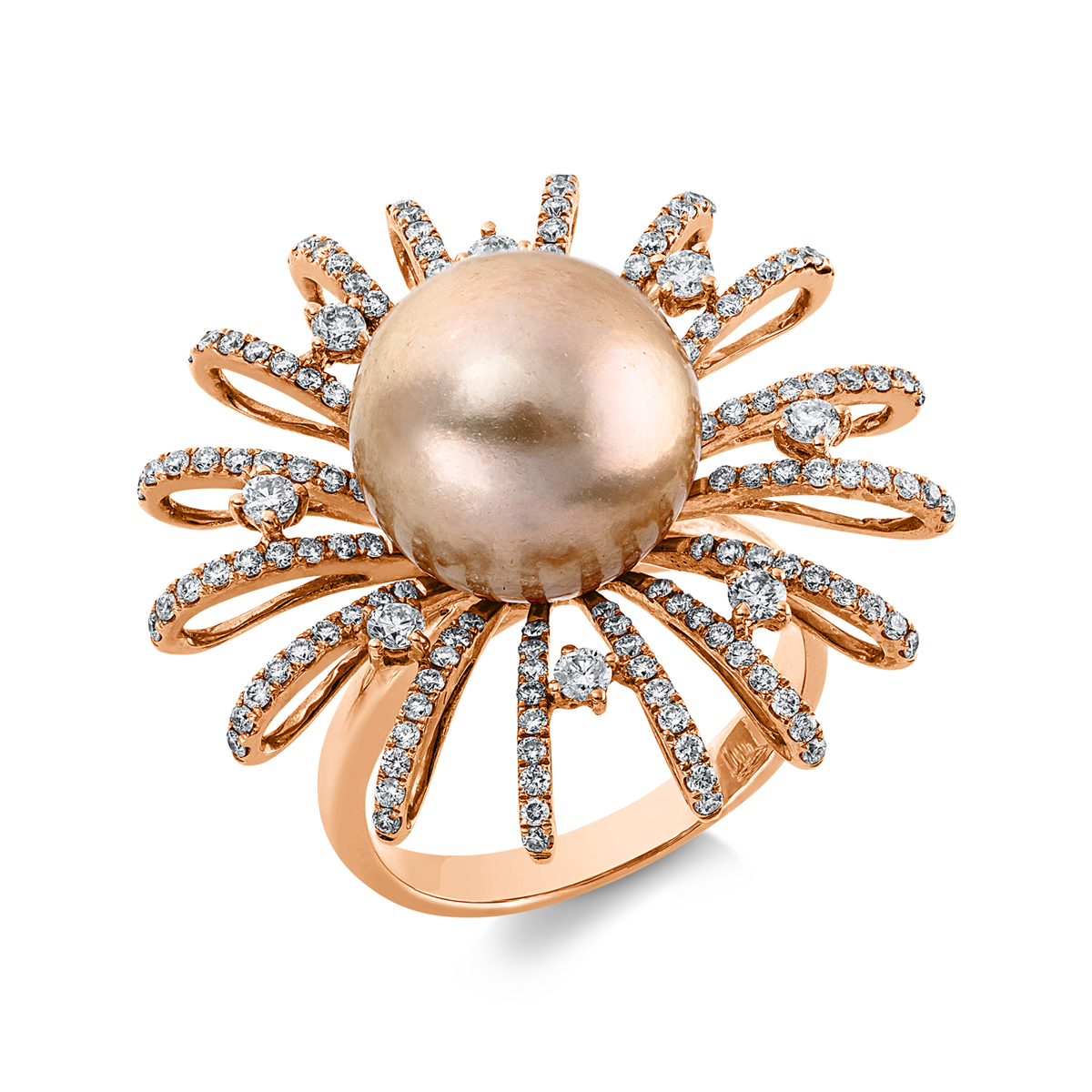 diamond full cut pearl ring in red gold