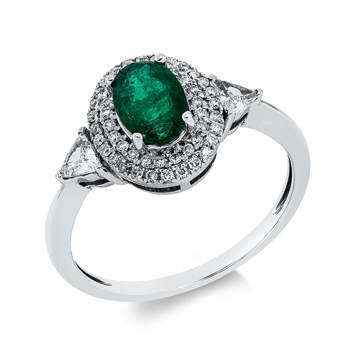 diamond full cut emerald colored stone classic ring in white gold