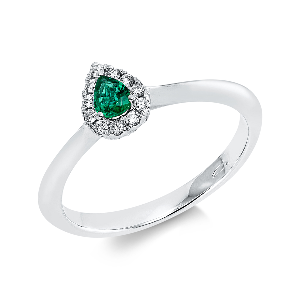 diamond full cut emerald colored stone classic ring in white gold