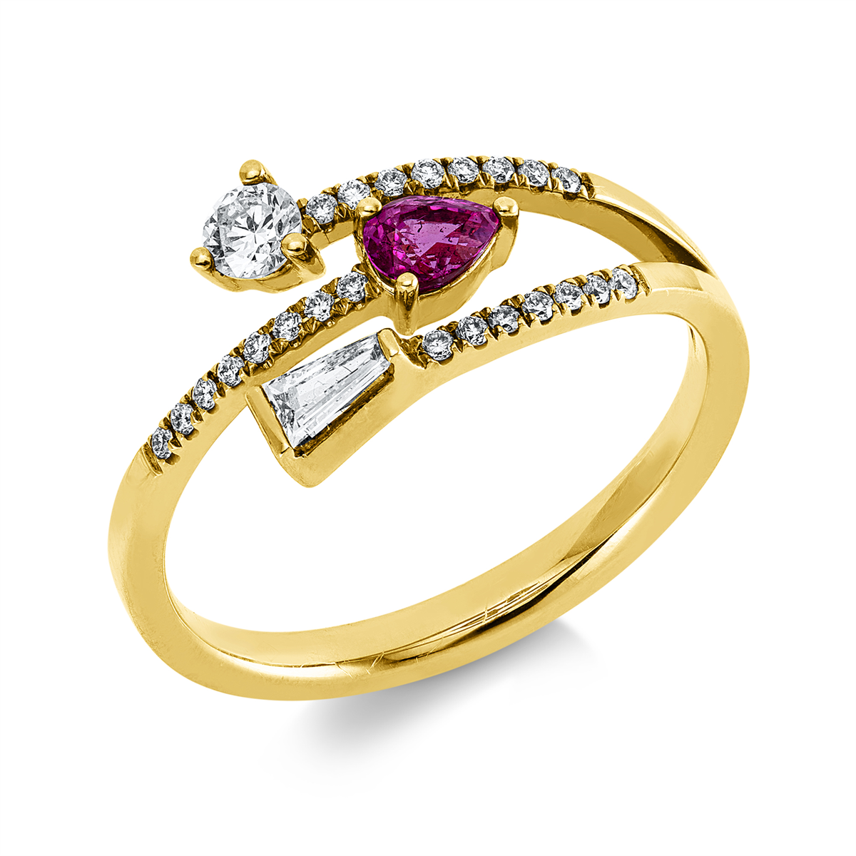 diamond full cut ruby colored stone classic ring in yellow gold