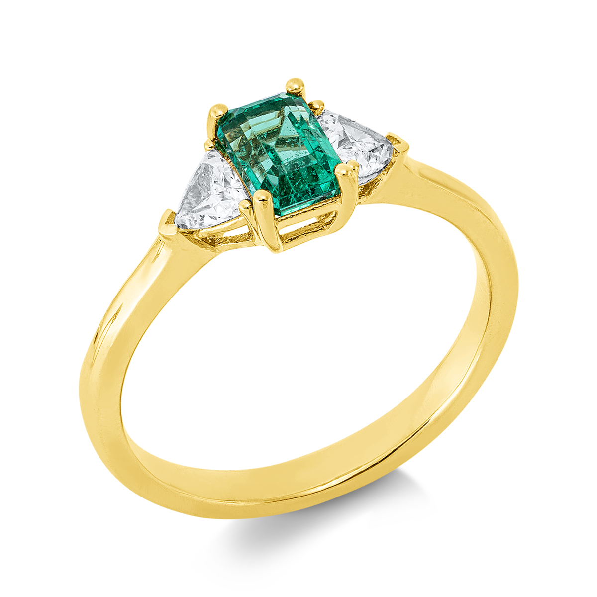 triangle cut emerald colored stone classic ring in yellow gold