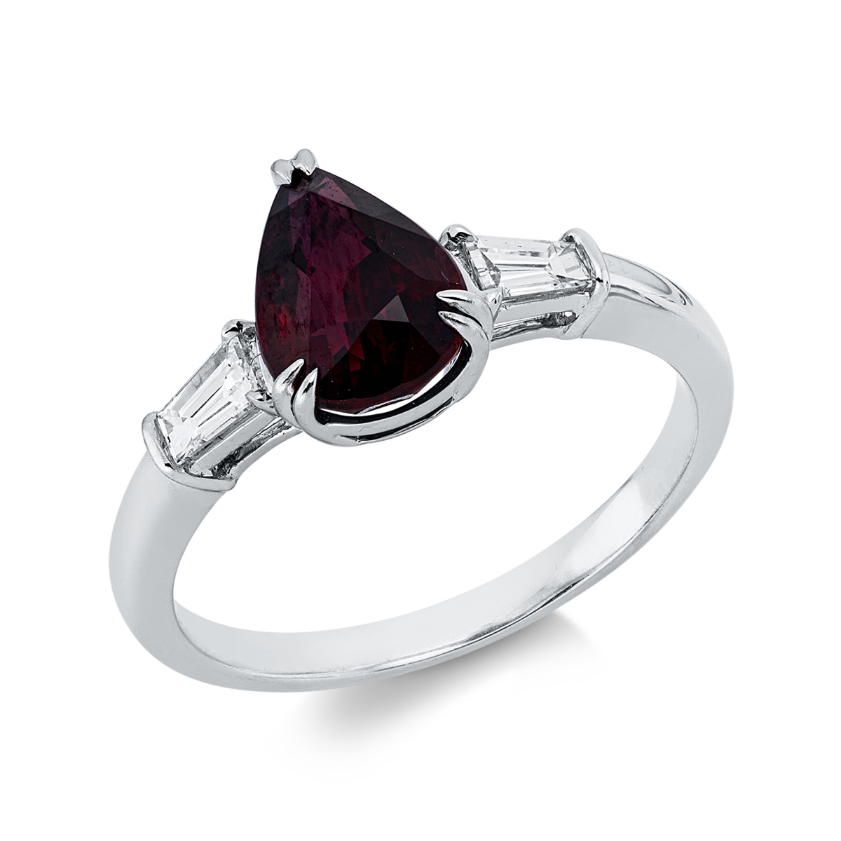 taper ruby colored stone classic ring in white gold