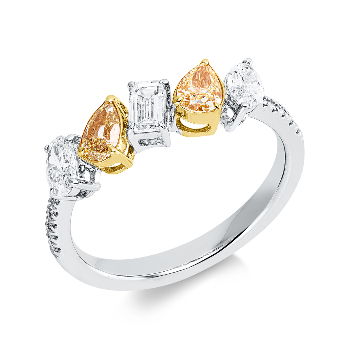 pear shape fancy colored diamond ring in white gold / yellow gold