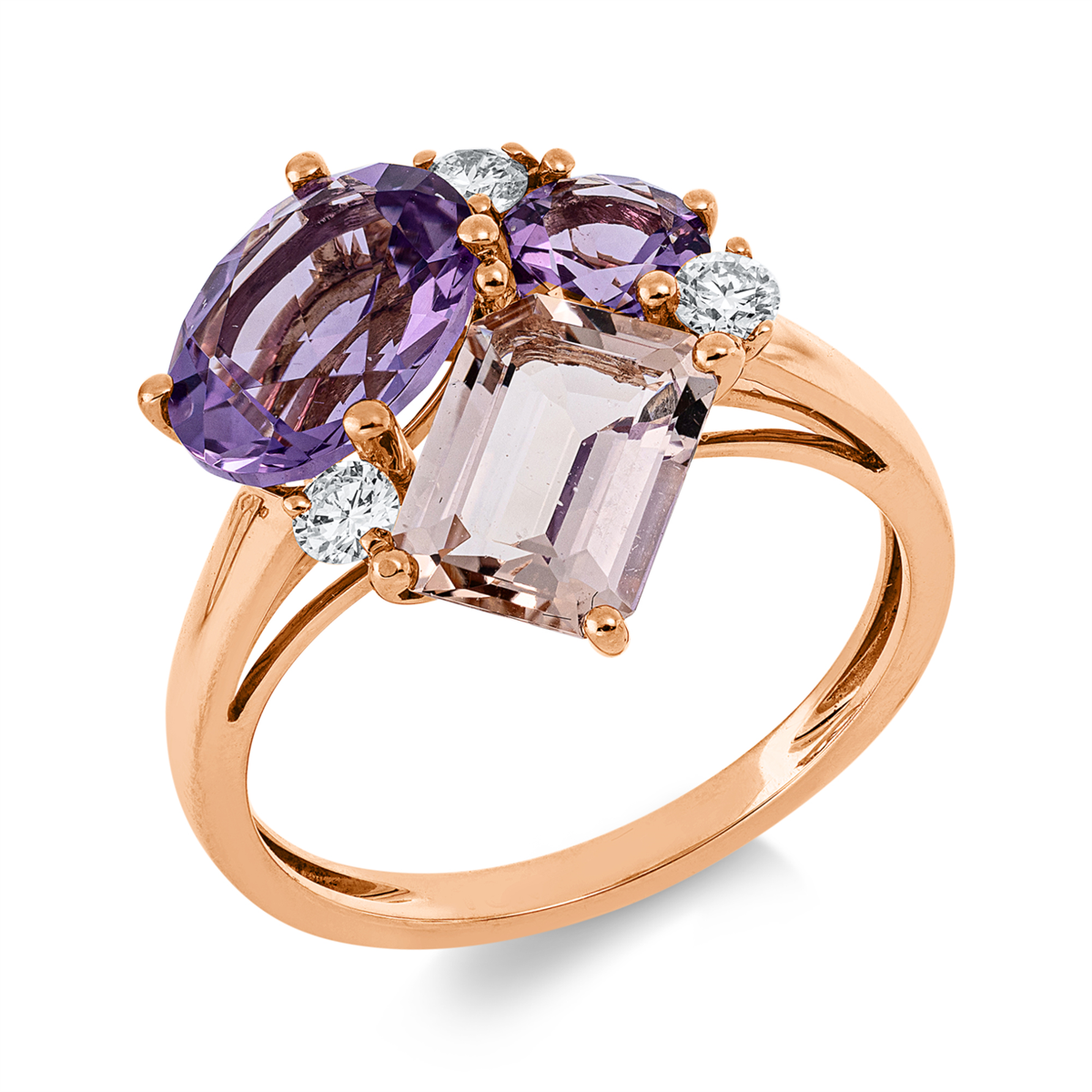 diamond full cut morganite colored stone fashion ring in red gold