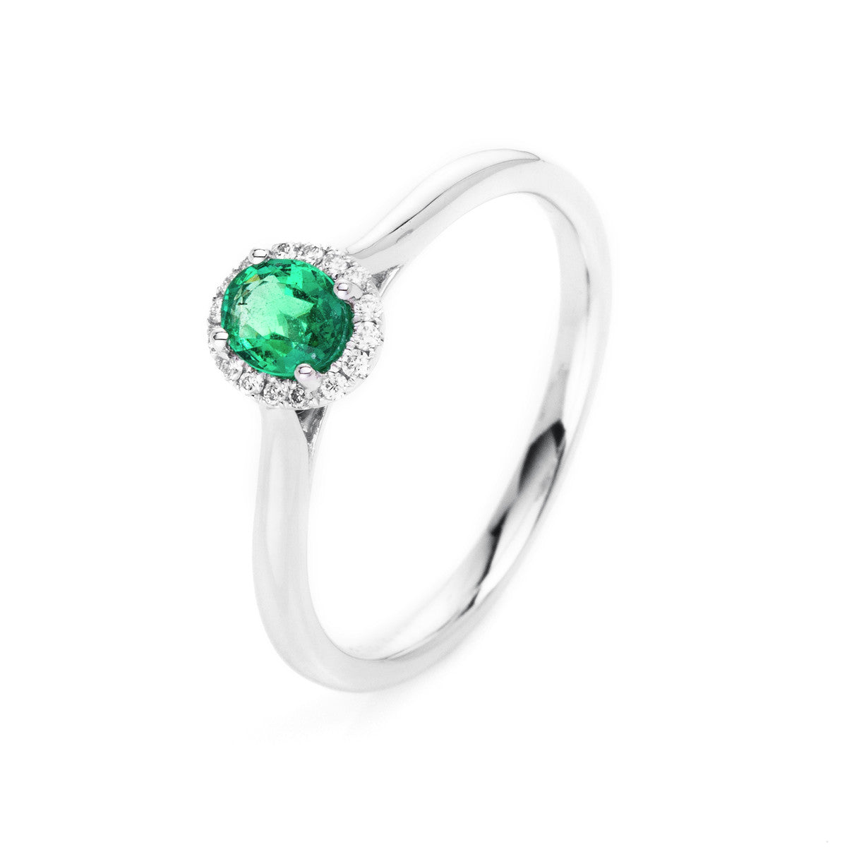 diamond full cut emerald colored stone classic ring in white gold