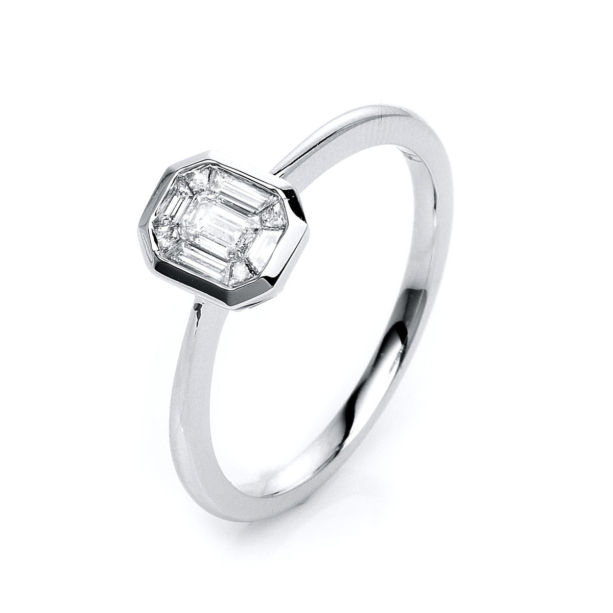 taper baguette illusion ring in white gold