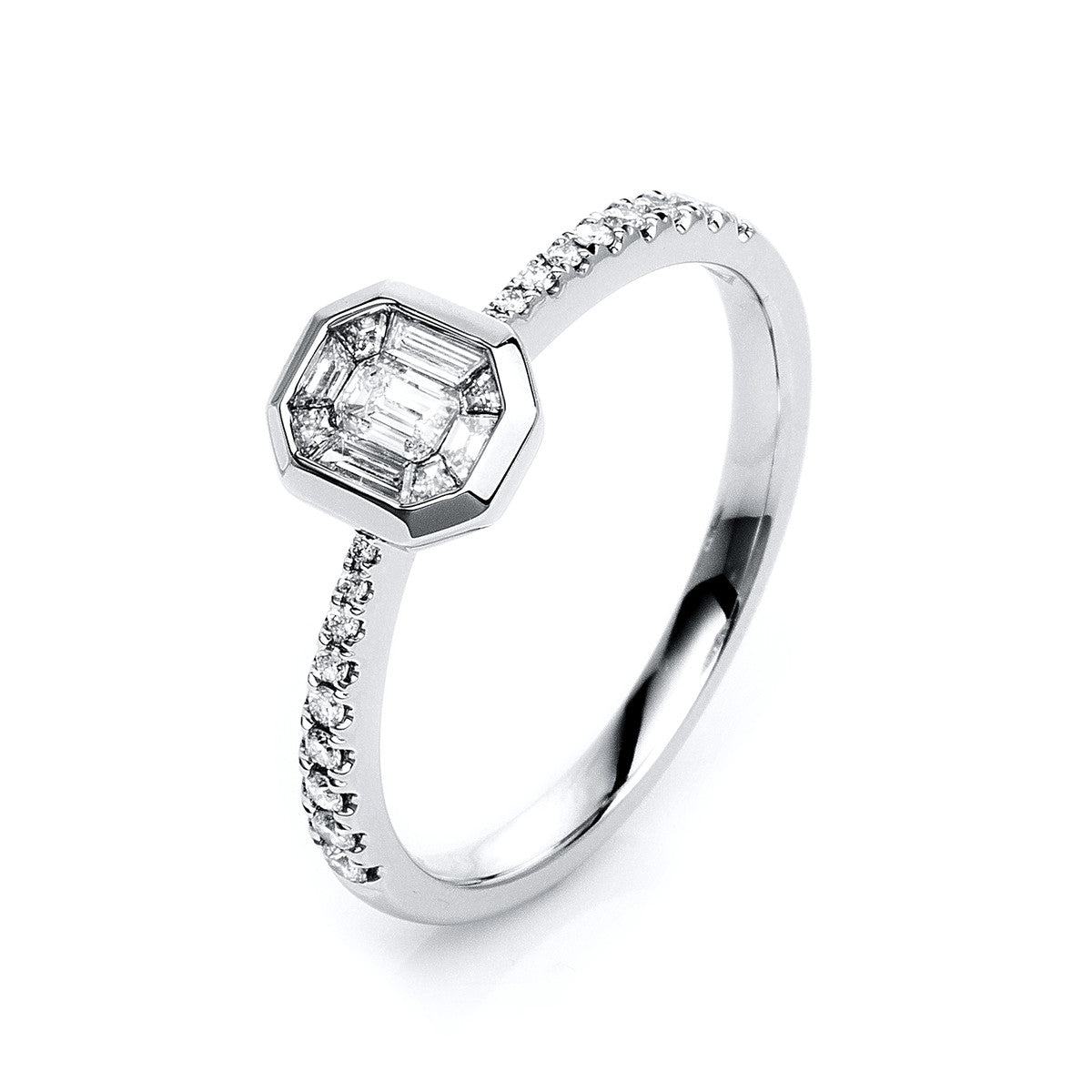 taper baguette ring in white gold