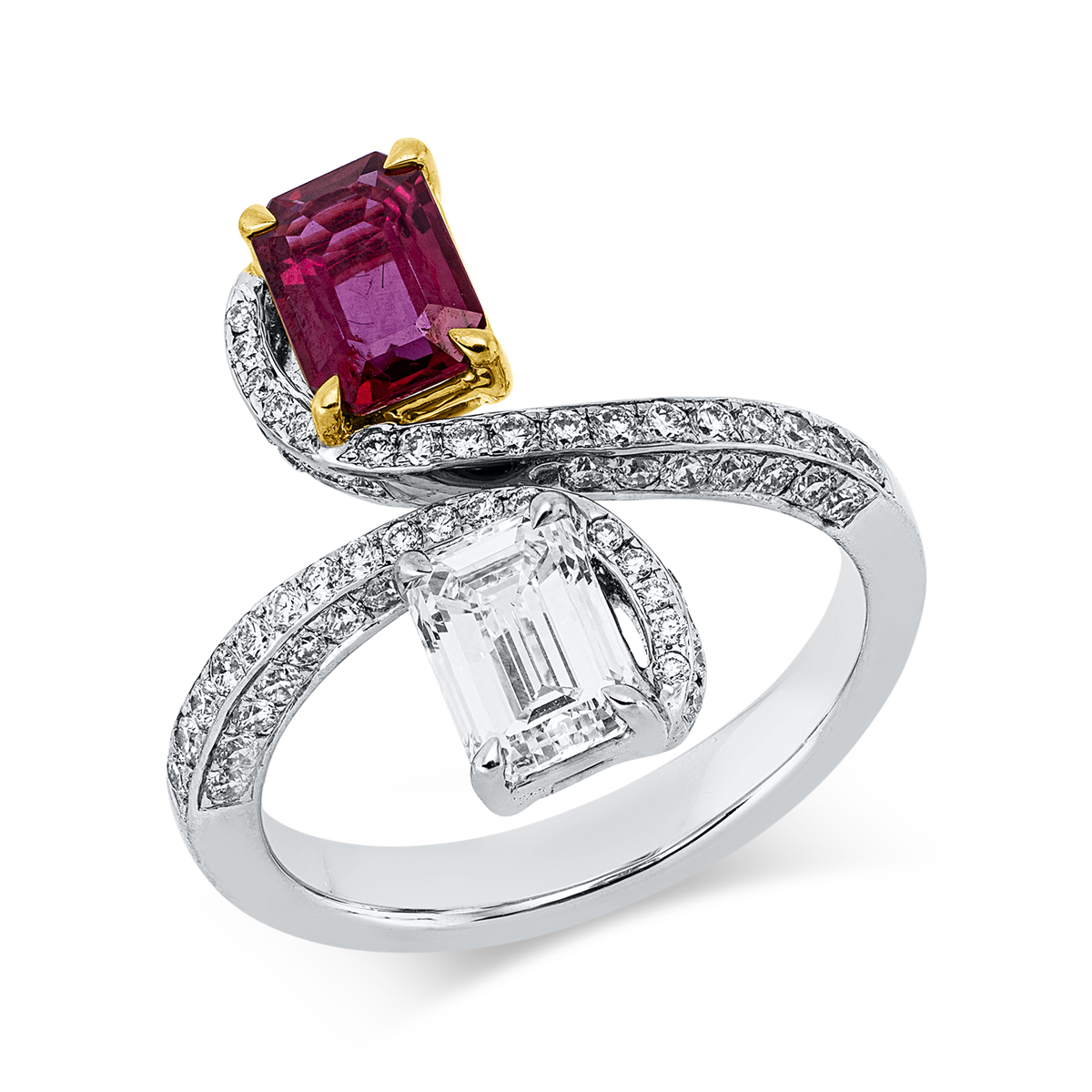 emerald cut ruby colored stone classic ring in white gold / yellow gold