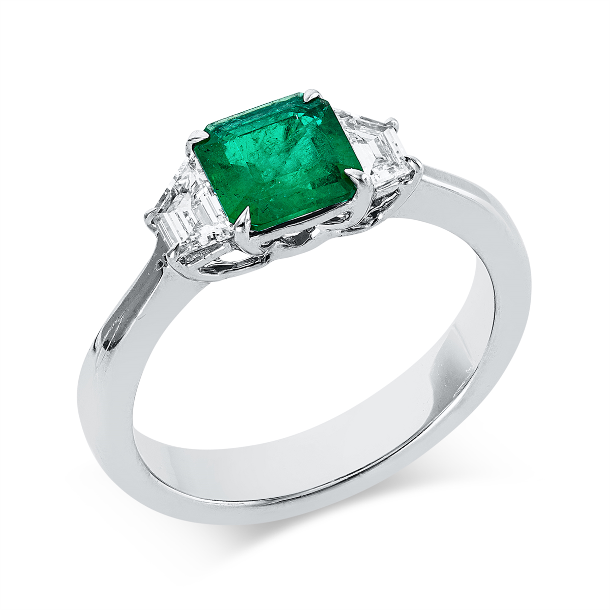 taper emerald colored stone classic ring in white gold