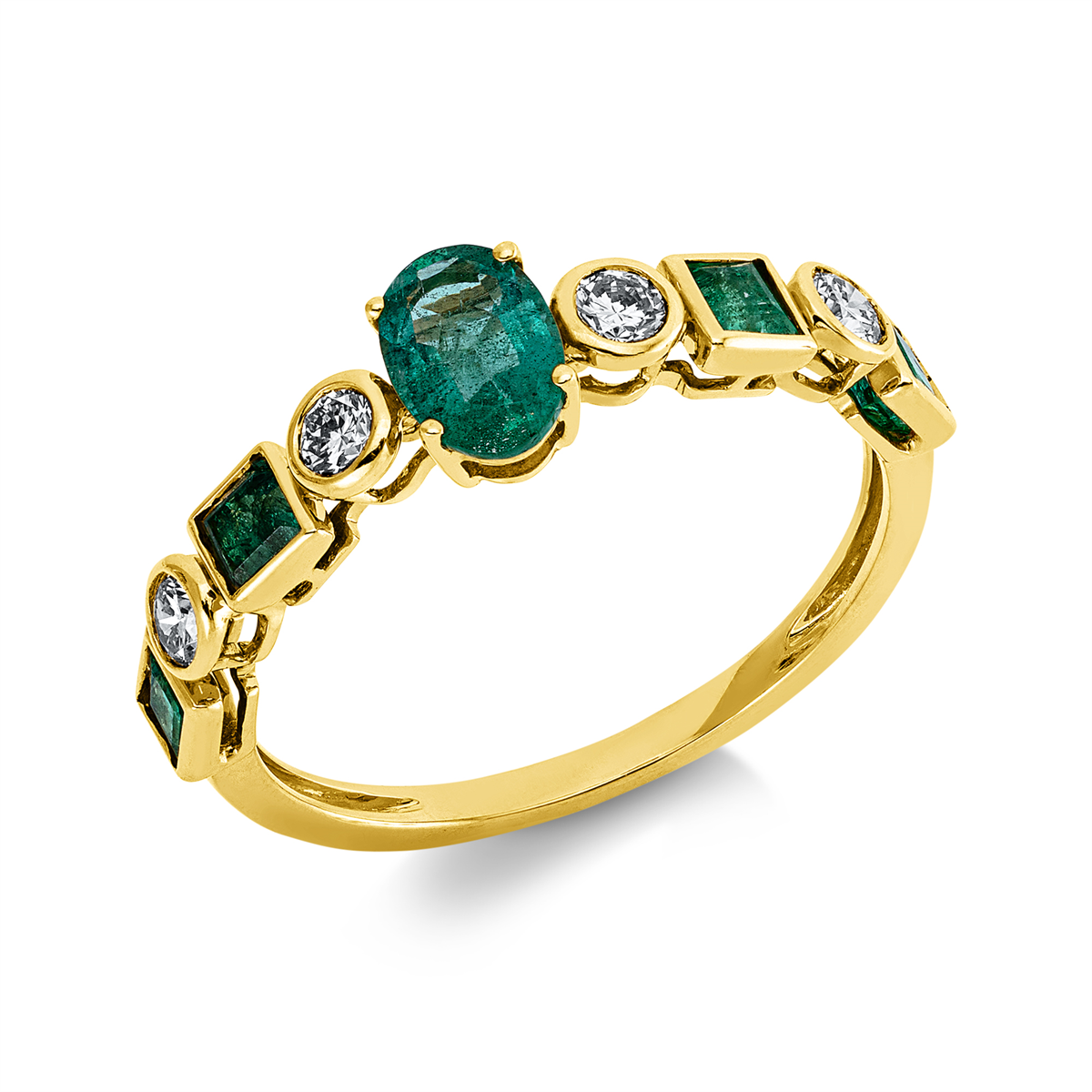 diamond full cut emerald colored stone classic ring in yellow gold