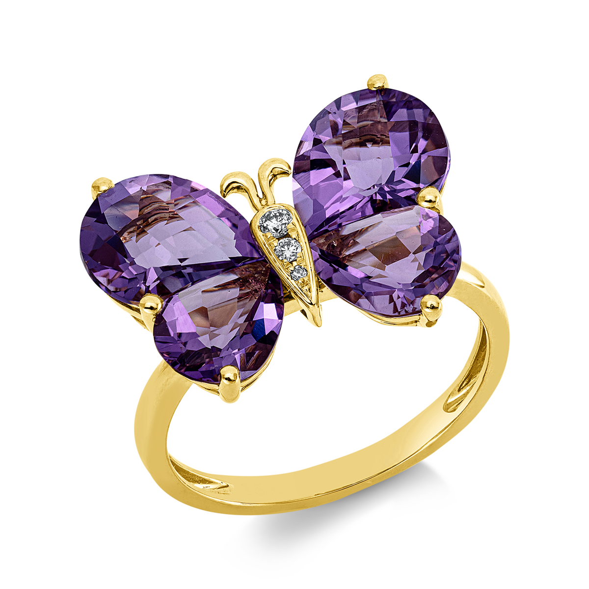 diamond full cut amethyst animal ring in yellow gold
