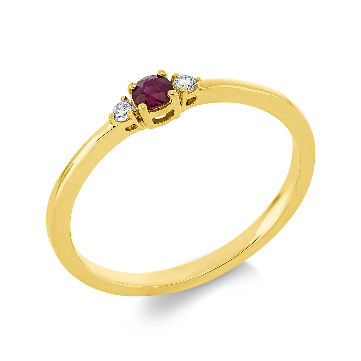 diamond full cut ruby colored stone classic ring in yellow gold