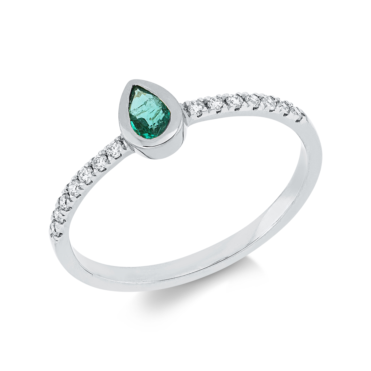 diamond full cut emerald colored stone classic ring in white gold