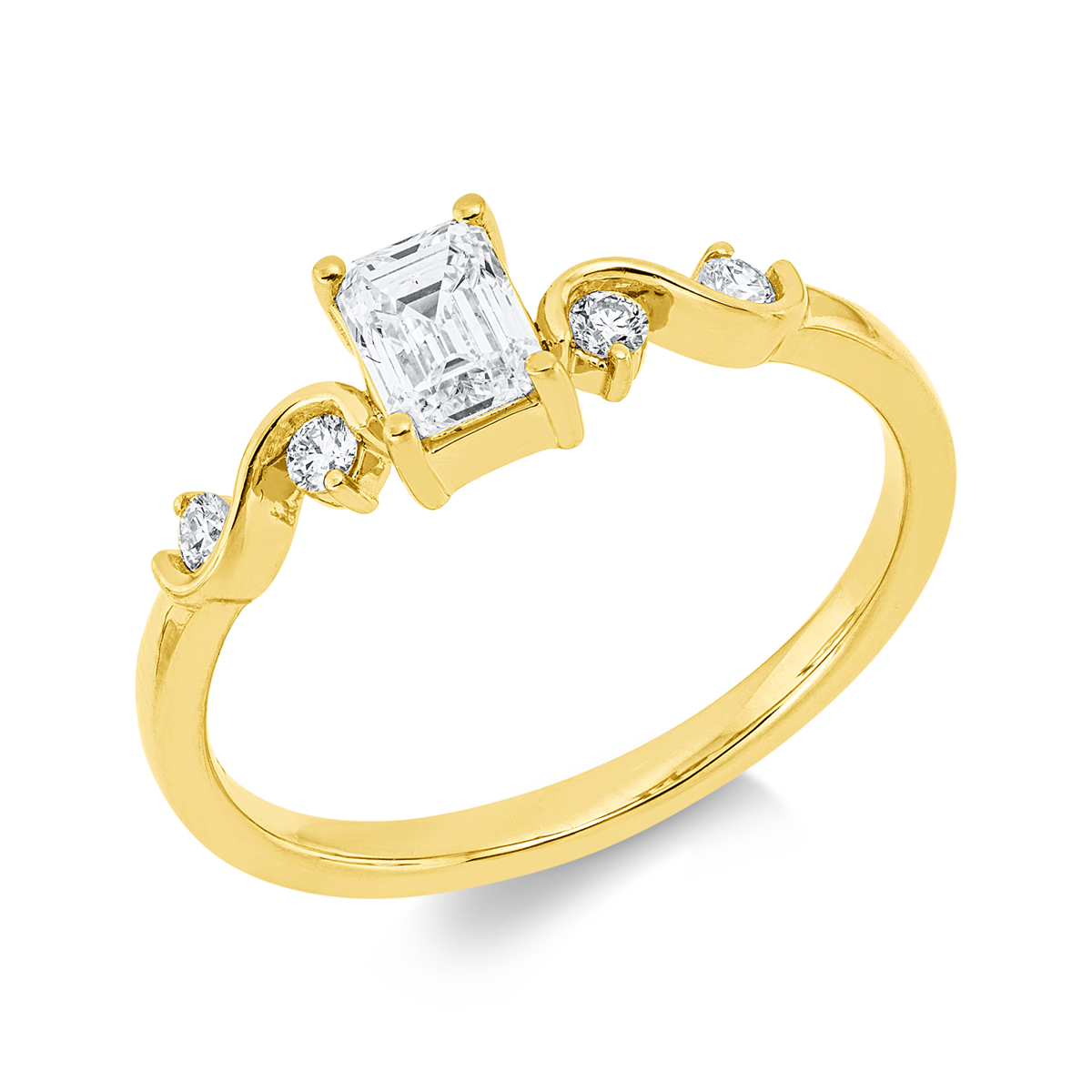 emerald cut solitaire with accent stones ring in yellow gold
