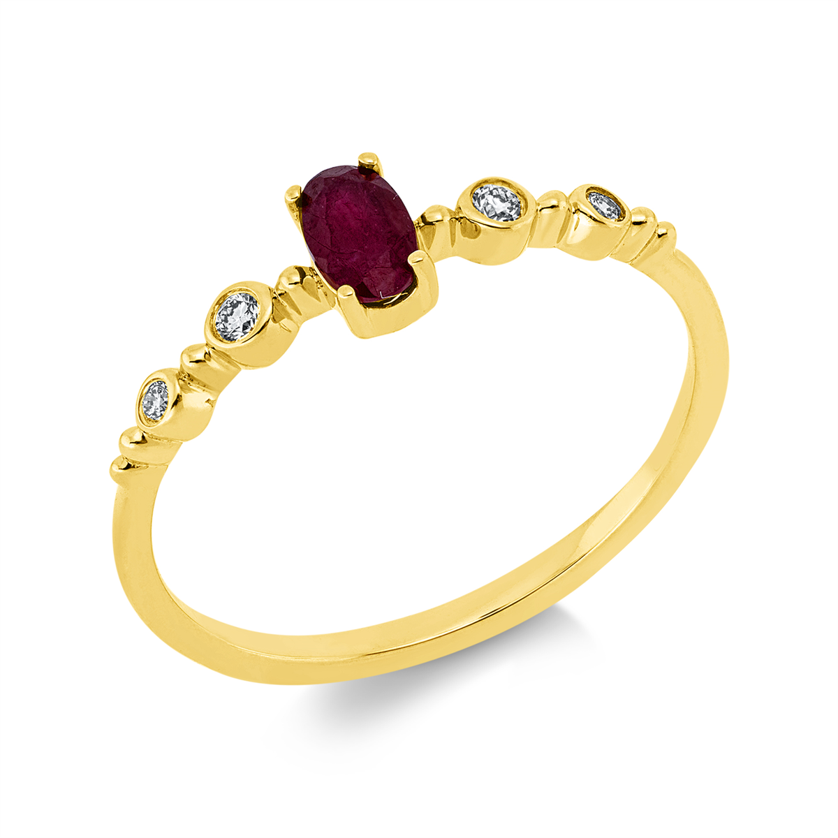 diamond full cut ruby colored stone classic ring in yellow gold