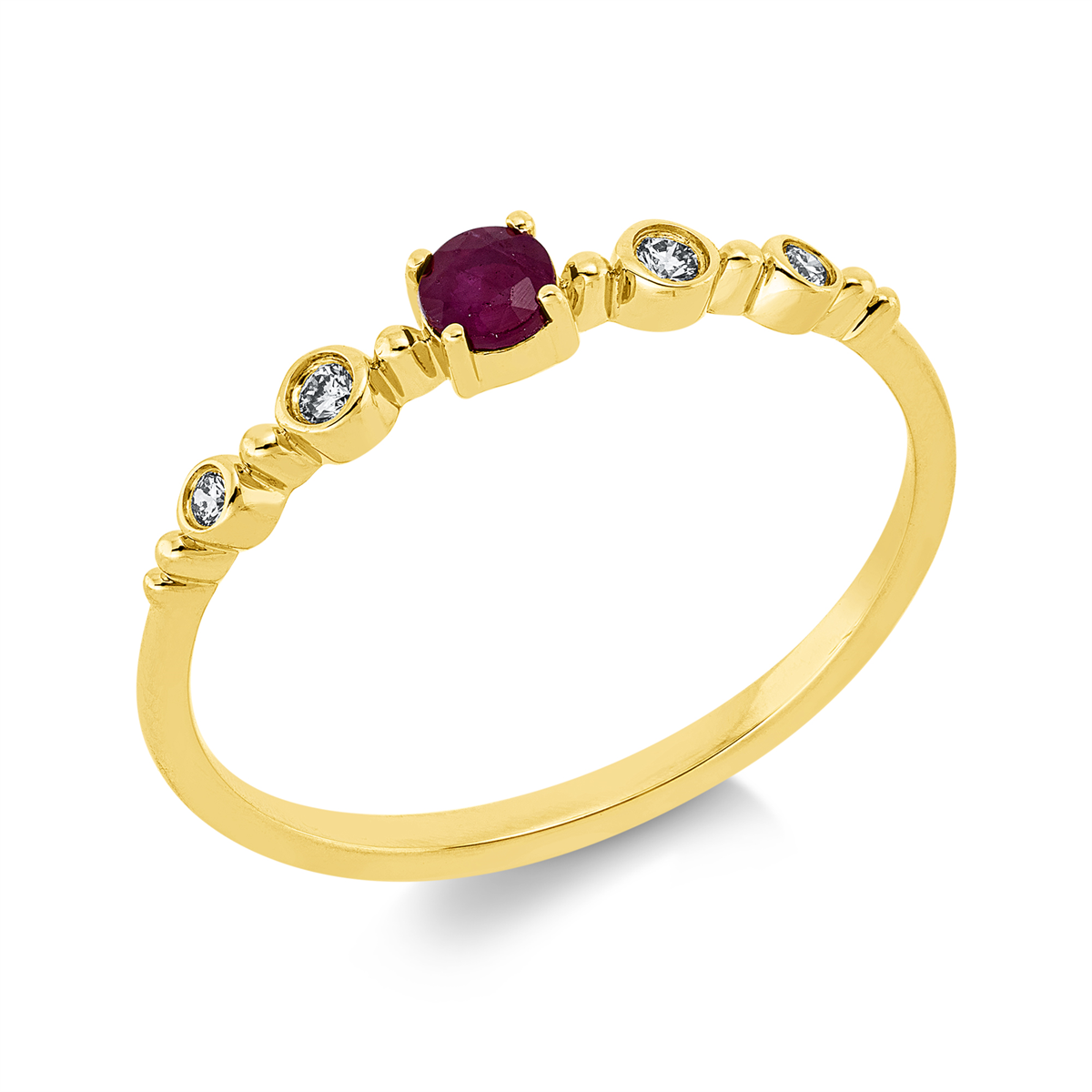 diamond full cut ruby colored stone classic ring in yellow gold