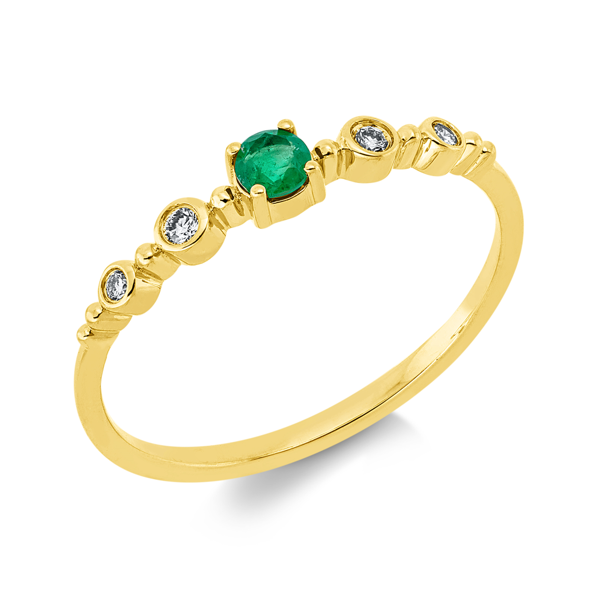 diamond full cut emerald colored stone classic ring in yellow gold
