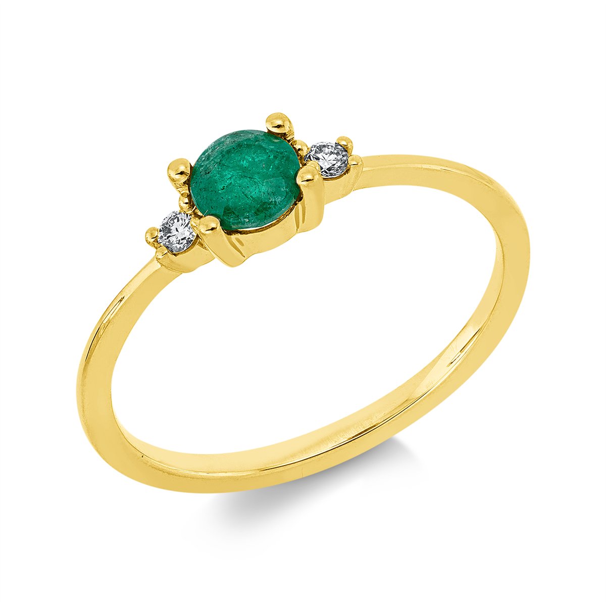diamond full cut emerald colored stone classic ring in yellow gold