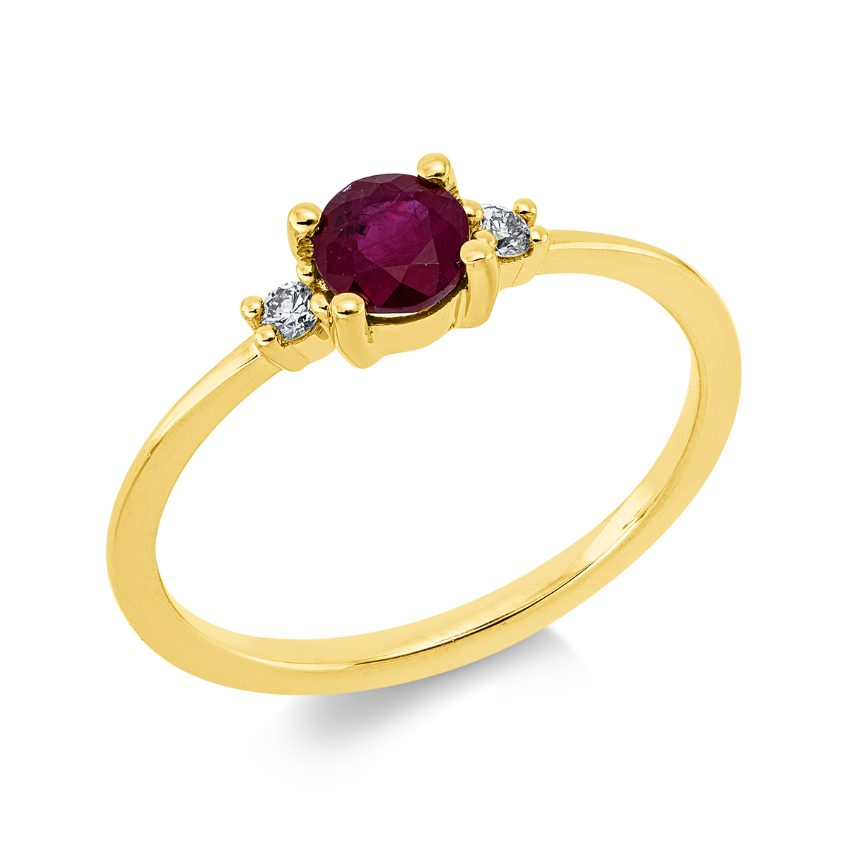 diamond full cut ruby colored stone classic ring in yellow gold