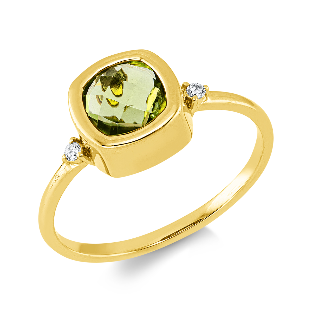 diamond full cut peridot colored stone fashion ring in yellow gold