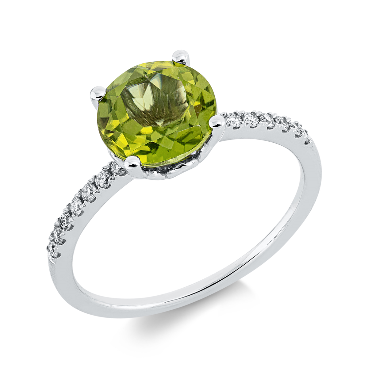 diamond single cut peridot colored stone fashion ring in white gold