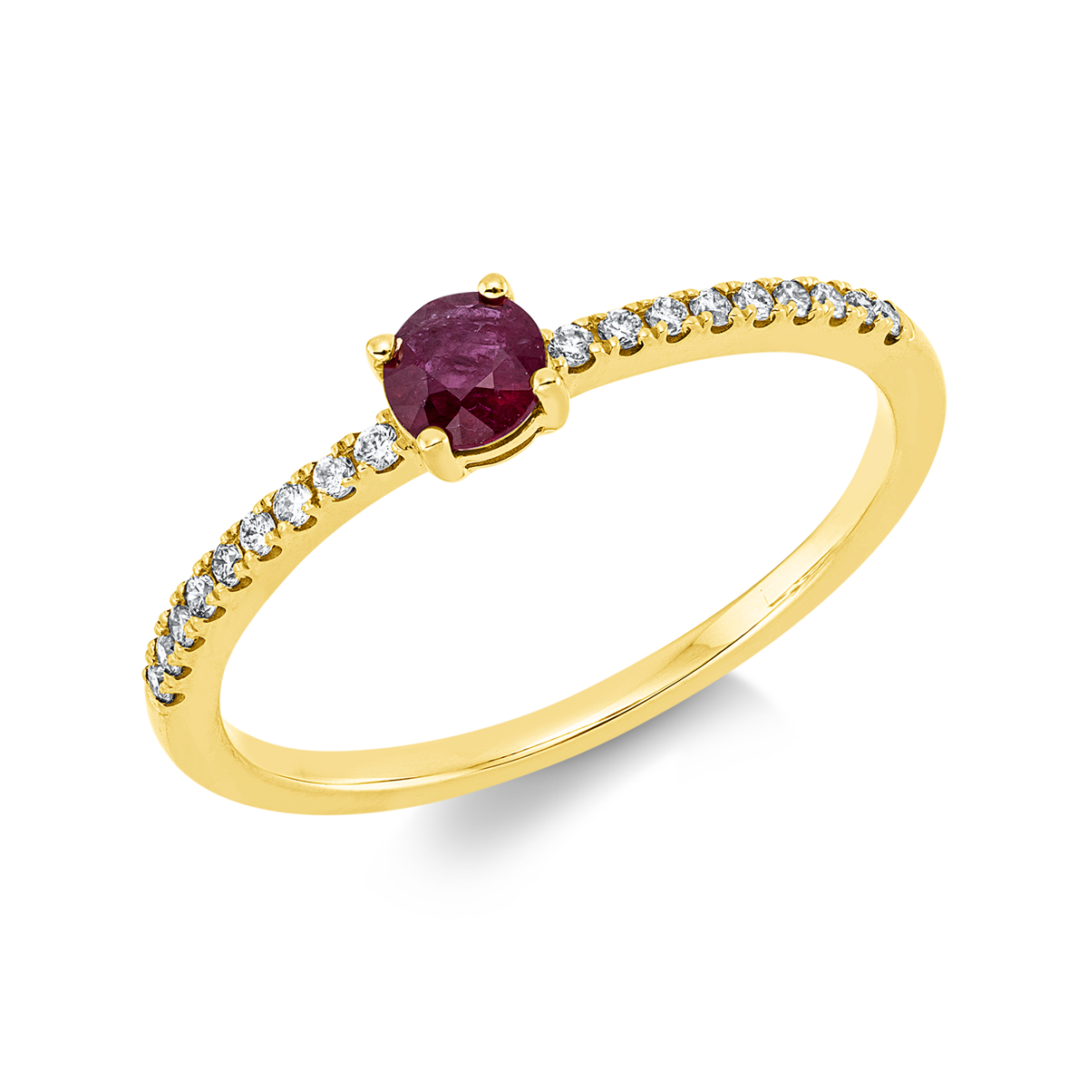 diamond full cut ruby colored stone classic ring in yellow gold