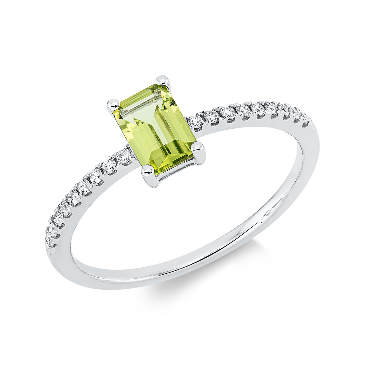 diamond full cut peridot colored stone fashion ring in white gold