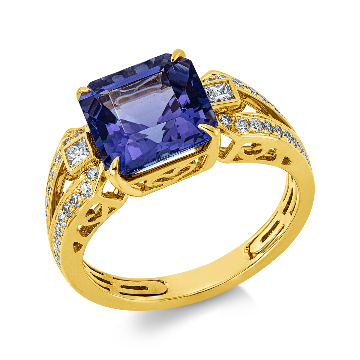 diamond full cut tanzanite colored stone classic ring in yellow gold