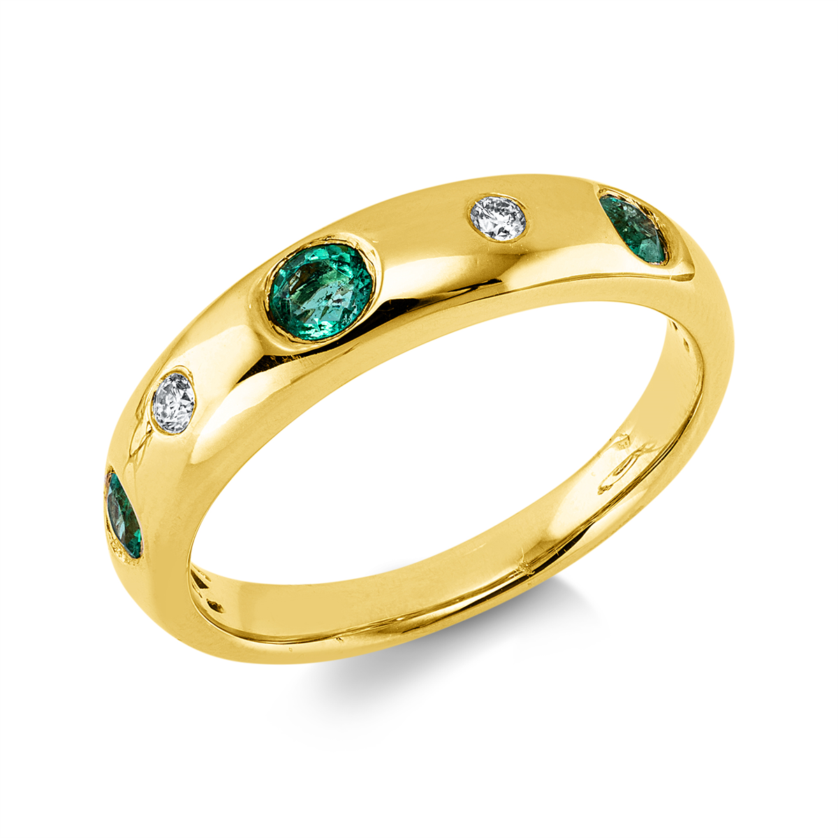 diamond full cut emerald colored stone classic ring in yellow gold
