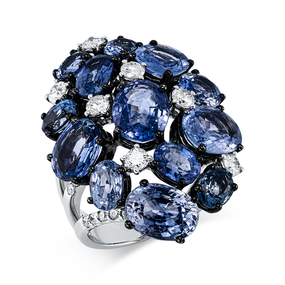 diamond full cut sapphire colored stone classic ring in white gold