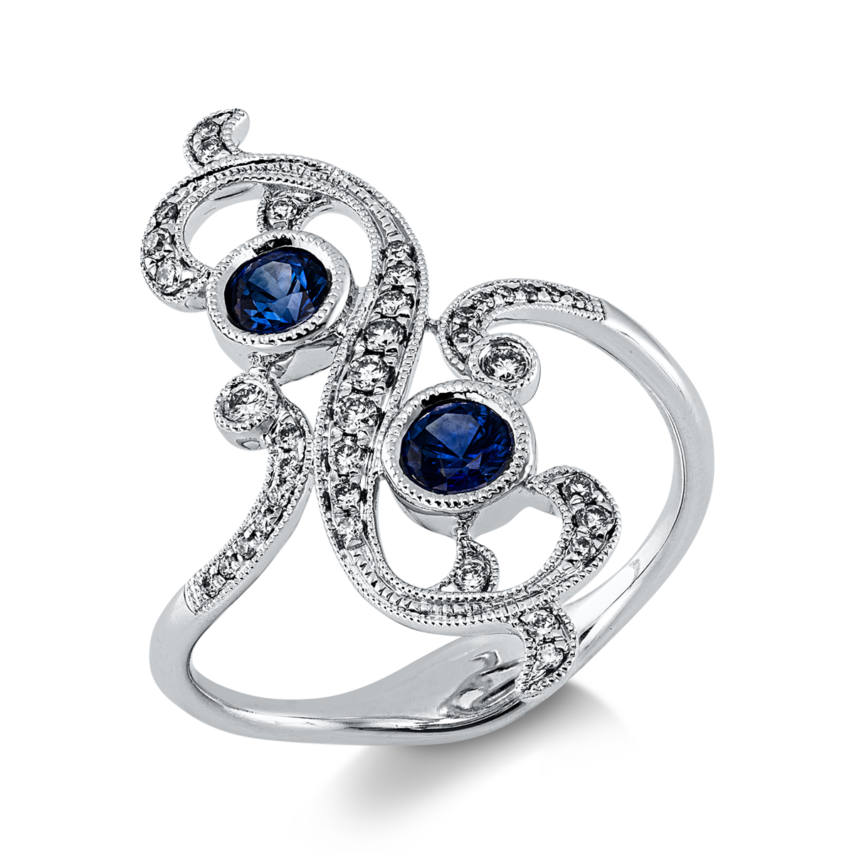 diamond full cut sapphire colored stone classic ring in white gold