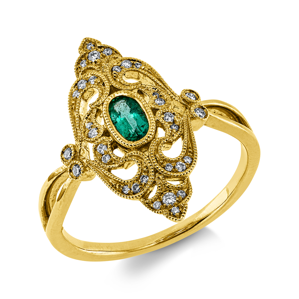 diamond full cut emerald colored stone classic ring in yellow gold