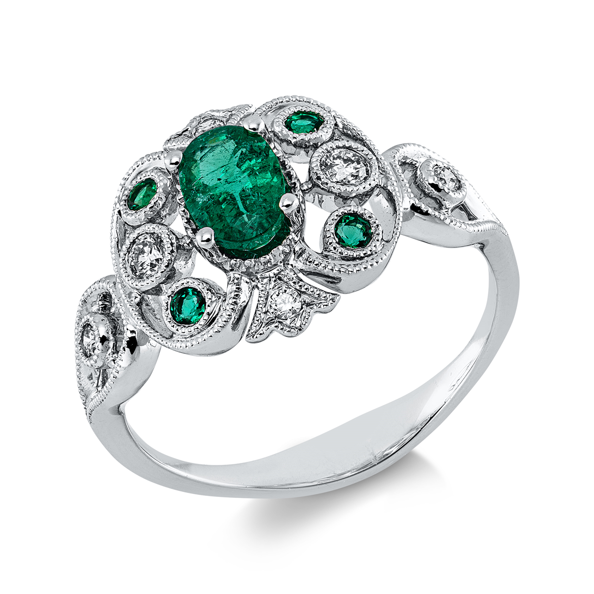 diamond full cut emerald colored stone classic ring in white gold