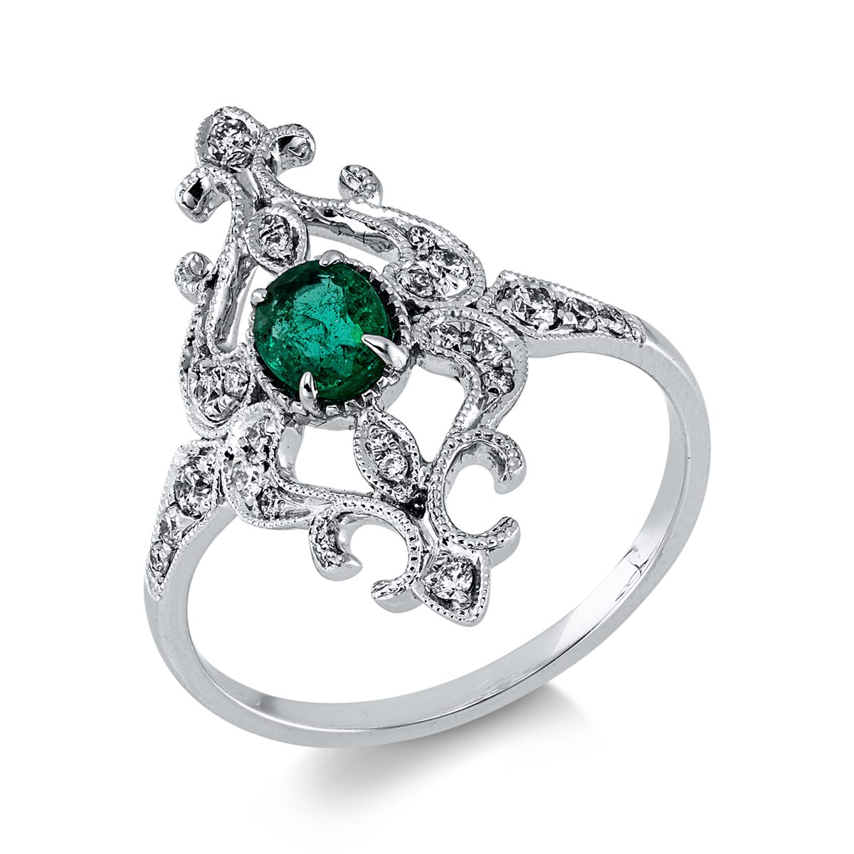 diamond full cut emerald colored stone classic ring in white gold