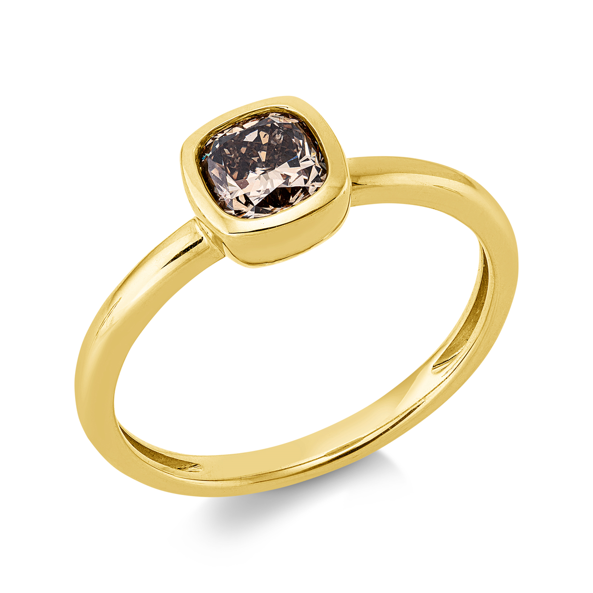 cushion fancy colored diamond ring in yellow gold