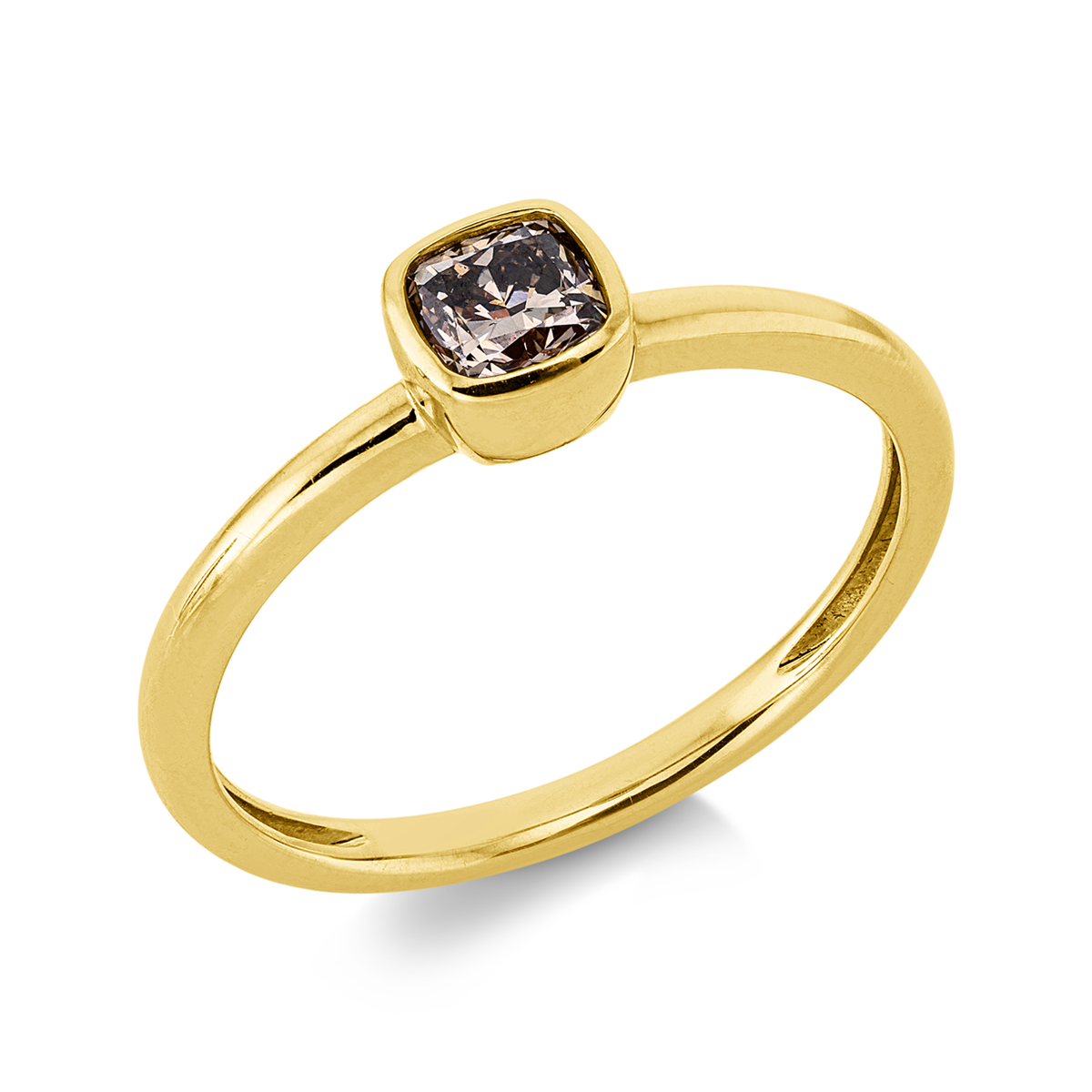 cushion fancy colored diamond ring in yellow gold